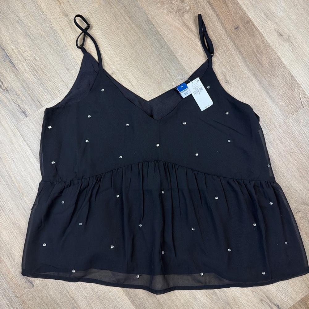 Old Navy Black Rhinestone Babydoll Cami Tank Top NWT Adjustable Straps Size M